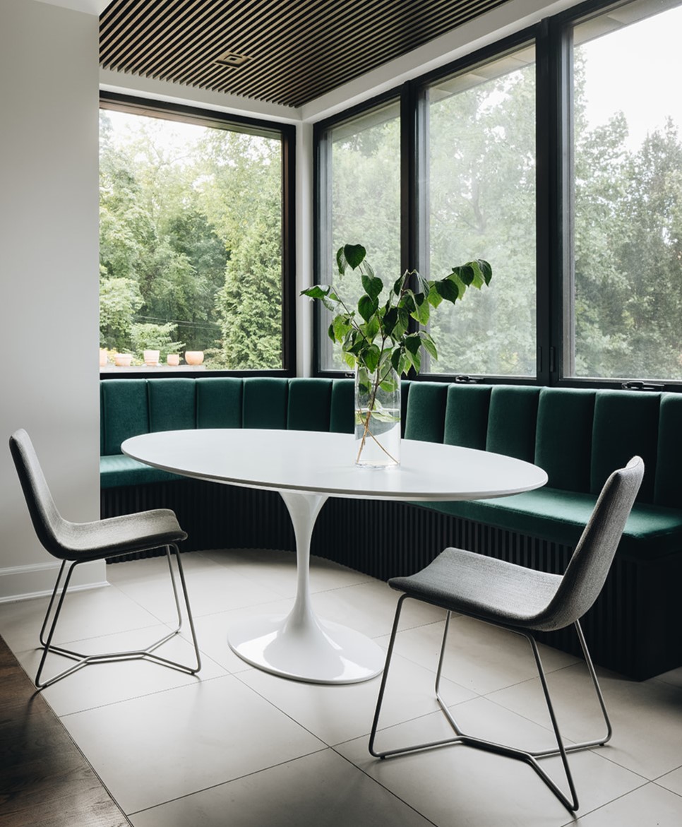 colorful seating in a bright, open corner table